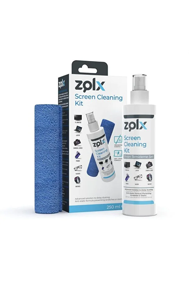 zolx Ekran Temizleme Seti 250ml (MİKROFİBER BEZ) Lcd, Led, Tv Ekran, Laptop, Bilgisayar, Telefon